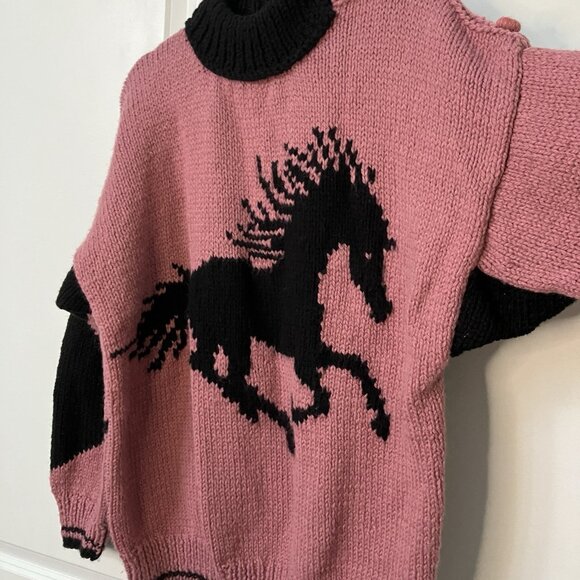 Handmade Vintage Knit Horse Sweater Womens Pink Black 80s 90s Granny - Picture 3 of 7